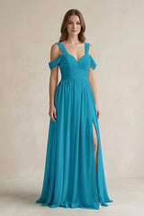 Off - the - Shoulder A - Line Chiffon Bridesmaid Dress With Slit in Blue Jay - KissProm Bridesmaid Dresses