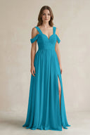 Off - the - Shoulder A - Line Chiffon Bridesmaid Dress With Slit in Blue Jay - KissProm Bridesmaid Dresses