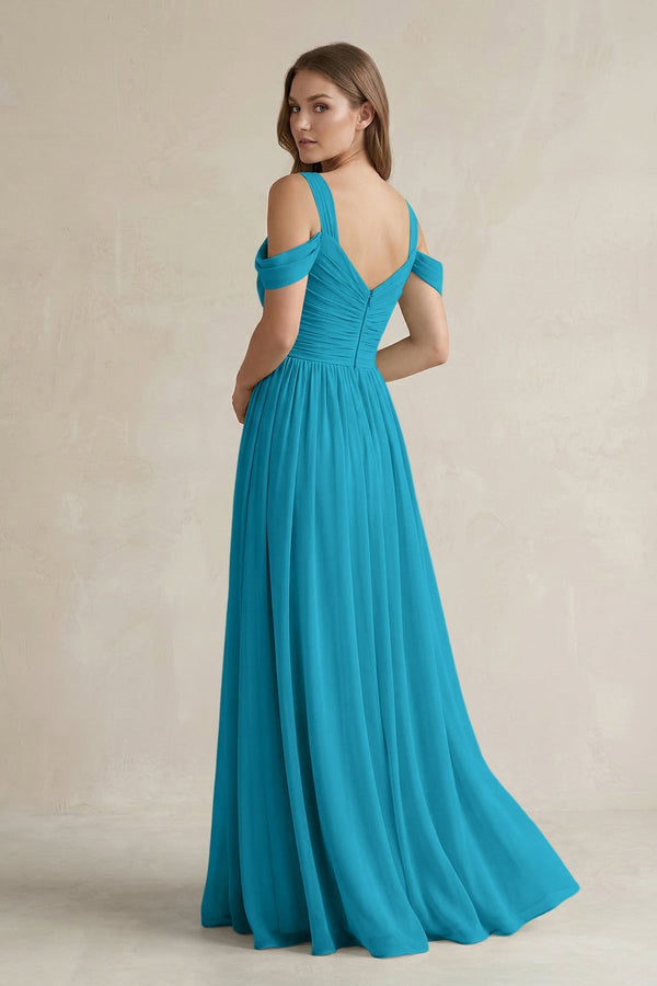 Off - the - Shoulder A - Line Chiffon Bridesmaid Dress With Slit in Blue Jay - KissProm Bridesmaid Dresses