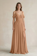 Off - the - Shoulder A - Line Chiffon Bridesmaid Dress With Slit in Bronzer - KissProm Bridesmaid Dresses