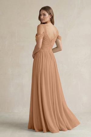 Off - the - Shoulder A - Line Chiffon Bridesmaid Dress With Slit in Bronzer - KissProm Bridesmaid Dresses