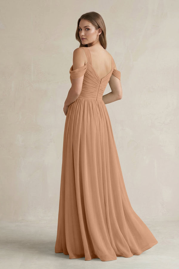 Off - the - Shoulder A - Line Chiffon Bridesmaid Dress With Slit in Bronzer - KissProm Bridesmaid Dresses