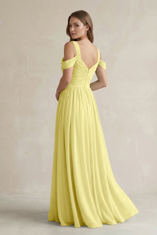 Off - the - Shoulder A - Line Chiffon Bridesmaid Dress With Slit in Buttercup - KissProm Bridesmaid Dresses