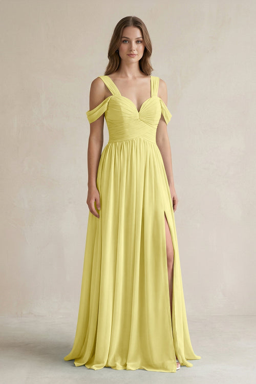 Off - the - Shoulder A - Line Chiffon Bridesmaid Dress With Slit in Buttercup - KissProm Bridesmaid Dresses