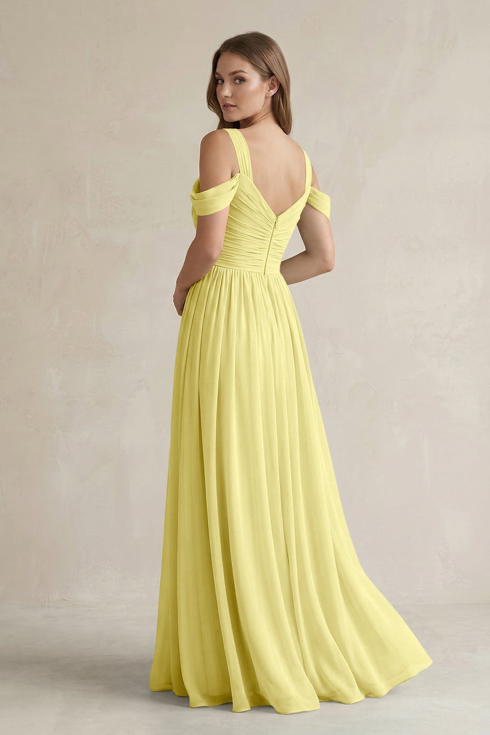 Off - the - Shoulder A - Line Chiffon Bridesmaid Dress With Slit in Buttercup - KissProm Bridesmaid Dresses