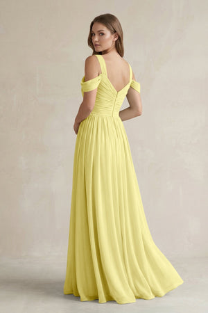 Off - the - Shoulder A - Line Chiffon Bridesmaid Dress With Slit in Buttercup - KissProm Bridesmaid Dresses