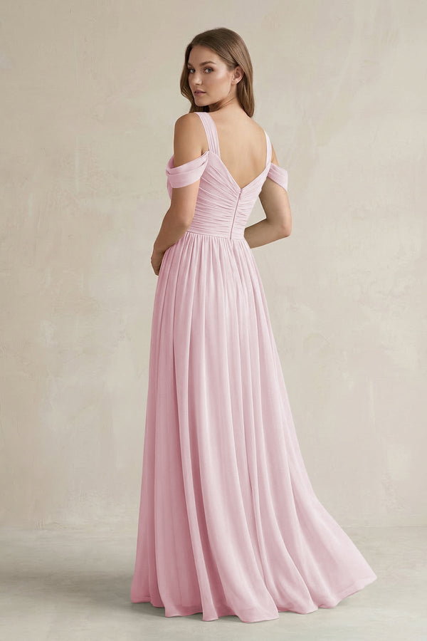 Off - the - Shoulder A - Line Chiffon Bridesmaid Dress With Slit in Candy Pink - KissProm Bridesmaid Dresses