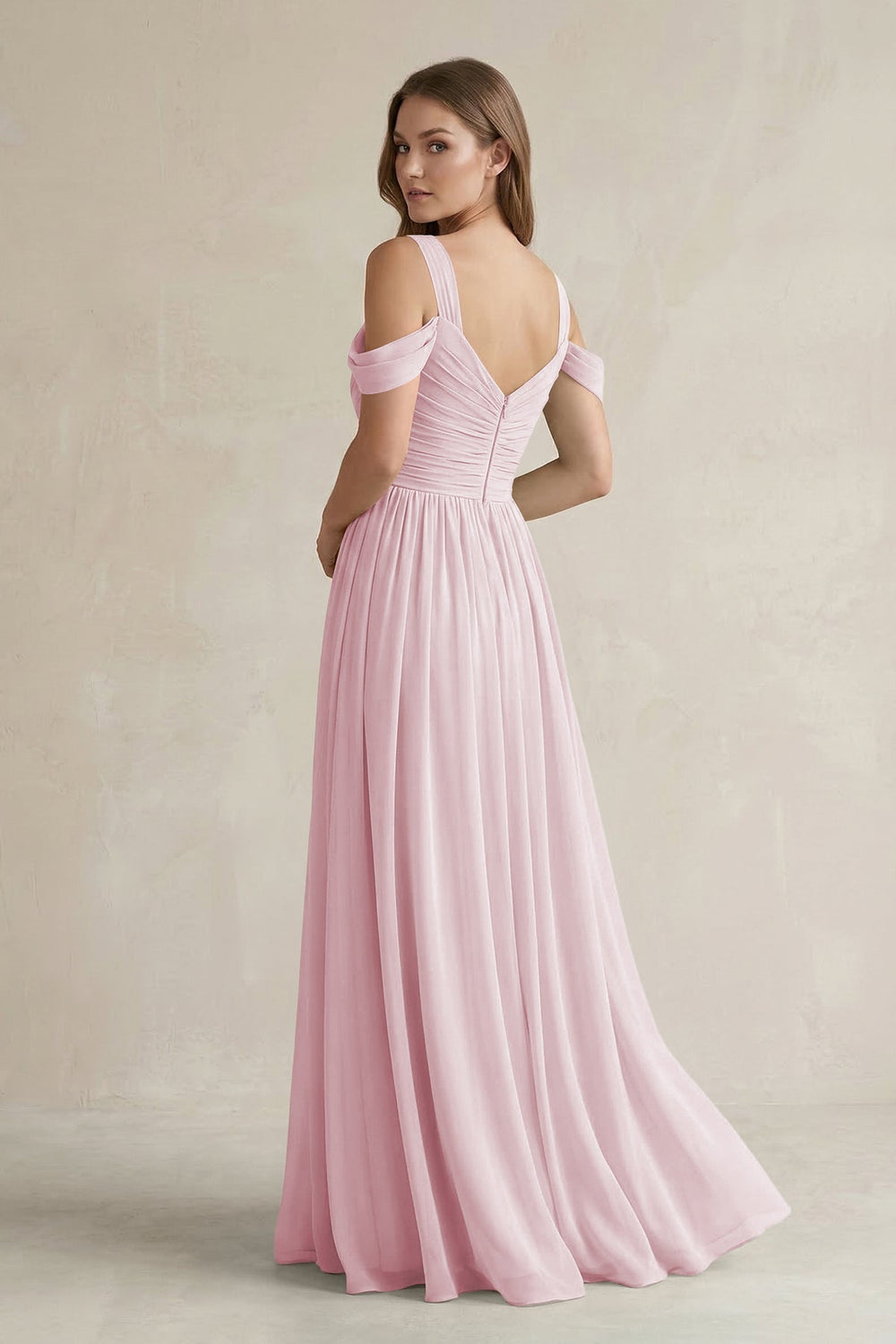 Off - the - Shoulder A - Line Chiffon Bridesmaid Dress With Slit in Candy Pink - KissProm Bridesmaid Dresses