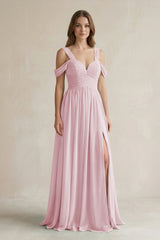 Off - the - Shoulder A - Line Chiffon Bridesmaid Dress With Slit in Candy Pink - KissProm Bridesmaid Dresses