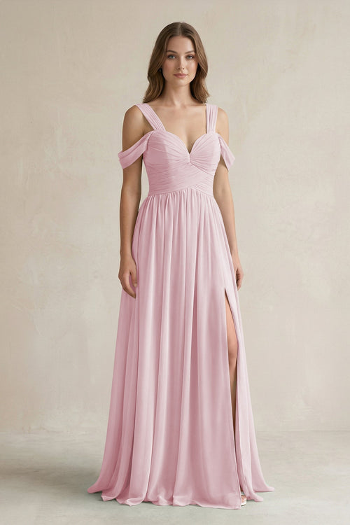Off - the - Shoulder A - Line Chiffon Bridesmaid Dress With Slit in Candy Pink - KissProm Bridesmaid Dresses