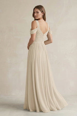 Off - the - Shoulder A - Line Chiffon Bridesmaid Dress With Slit in Champagne - KissProm Bridesmaid Dresses