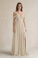 Off - the - Shoulder A - Line Chiffon Bridesmaid Dress With Slit in Champagne - KissProm Bridesmaid Dresses