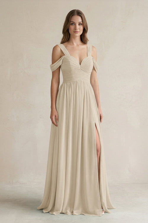 Off - the - Shoulder A - Line Chiffon Bridesmaid Dress With Slit in Champagne - KissProm Bridesmaid Dresses