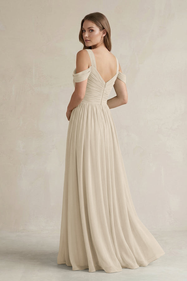 Off - the - Shoulder A - Line Chiffon Bridesmaid Dress With Slit in Champagne - KissProm Bridesmaid Dresses