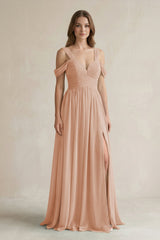 Off - the - Shoulder A - Line Chiffon Bridesmaid Dress With Slit in Champagne Rose - KissProm Bridesmaid Dresses