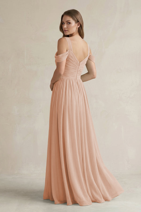 Off - the - Shoulder A - Line Chiffon Bridesmaid Dress With Slit in Champagne Rose - KissProm Bridesmaid Dresses