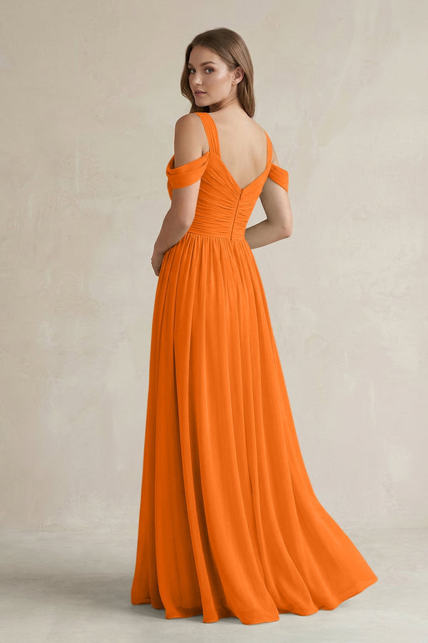 Off - the - Shoulder A - Line Chiffon Bridesmaid Dress With Slit in Cinnamon - KissProm Bridesmaid Dresses
