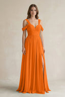Off - the - Shoulder A - Line Chiffon Bridesmaid Dress With Slit in Cinnamon - KissProm Bridesmaid Dresses