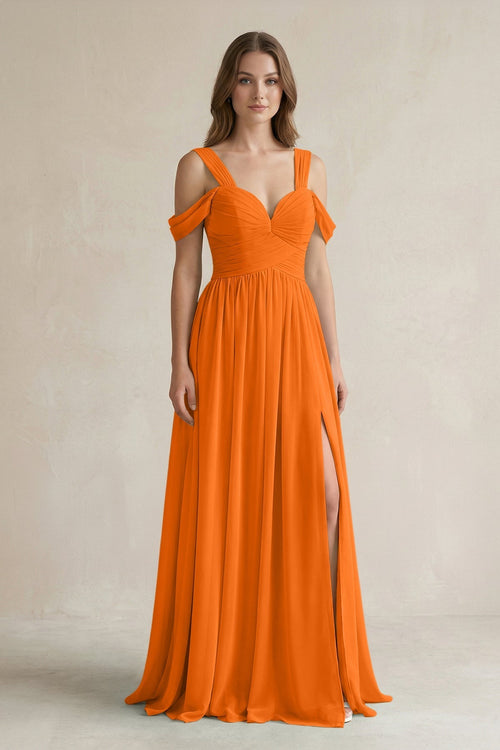 Off - the - Shoulder A - Line Chiffon Bridesmaid Dress With Slit in Cinnamon - KissProm Bridesmaid Dresses