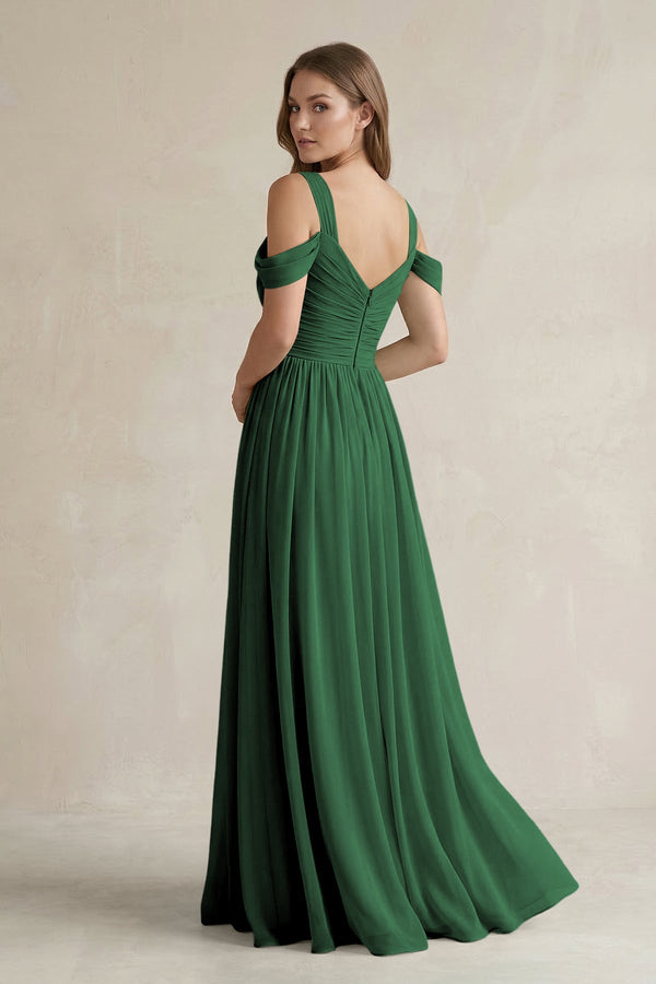 Off - the - Shoulder A - Line Chiffon Bridesmaid Dress With Slit in Dark Green - KissProm Bridesmaid Dresses