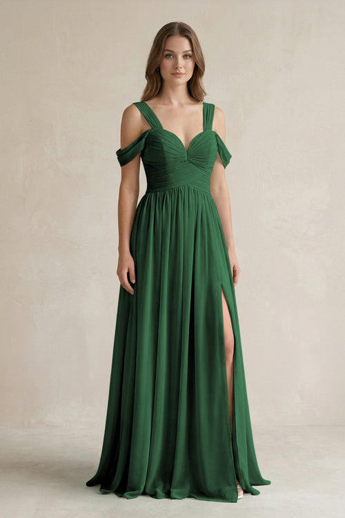 Off - the - Shoulder A - Line Chiffon Bridesmaid Dress With Slit in Dark Green - KissProm Bridesmaid Dresses