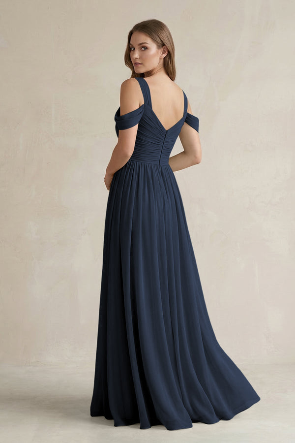 Off - the - Shoulder A - Line Chiffon Bridesmaid Dress With Slit in Dark Navy - KissProm Bridesmaid Dresses