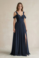Off - the - Shoulder A - Line Chiffon Bridesmaid Dress With Slit in Dark Navy - KissProm Bridesmaid Dresses
