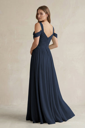 Off - the - Shoulder A - Line Chiffon Bridesmaid Dress With Slit in Dark Navy - KissProm Bridesmaid Dresses