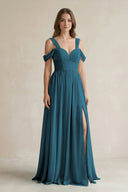Off - the - Shoulder A - Line Chiffon Bridesmaid Dress With Slit in Dark Teal - KissProm Bridesmaid Dresses