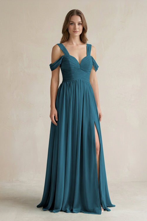 Off - the - Shoulder A - Line Chiffon Bridesmaid Dress With Slit in Dark Teal - KissProm Bridesmaid Dresses