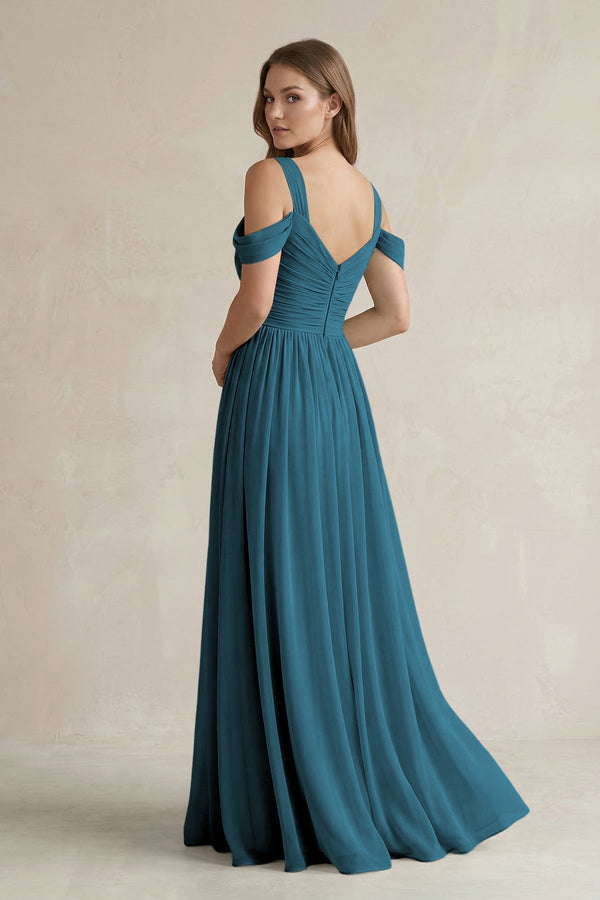 Off - the - Shoulder A - Line Chiffon Bridesmaid Dress With Slit in Dark Teal - KissProm Bridesmaid Dresses
