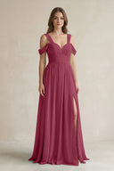 Off - the - Shoulder A - Line Chiffon Bridesmaid Dress With Slit in Desert Rose - KissProm Bridesmaid Dresses