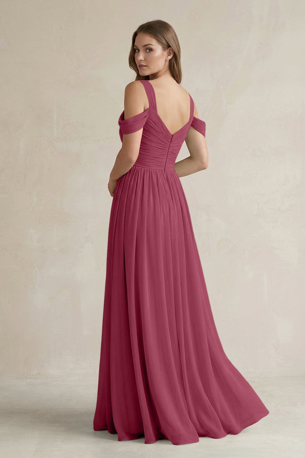 Off - the - Shoulder A - Line Chiffon Bridesmaid Dress With Slit in Desert Rose - KissProm Bridesmaid Dresses