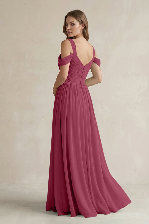 Off - the - Shoulder A - Line Chiffon Bridesmaid Dress With Slit in Desert Rose - KissProm Bridesmaid Dresses