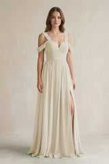 Off - the - Shoulder A - Line Chiffon Bridesmaid Dress With Slit in Dove Gray - KissProm Bridesmaid Dresses