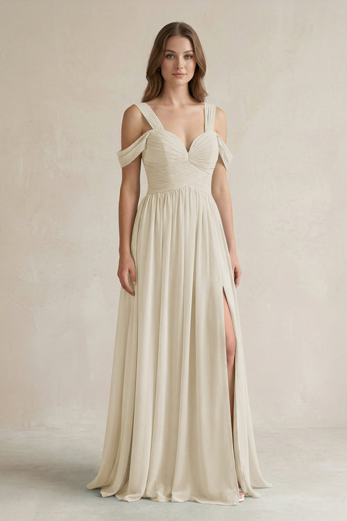 Off - the - Shoulder A - Line Chiffon Bridesmaid Dress With Slit in Dove Gray - KissProm Bridesmaid Dresses
