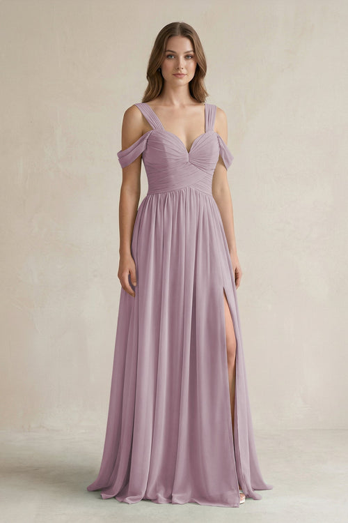 Off - the - Shoulder A - Line Chiffon Bridesmaid Dress With Slit in Dusk - KissProm Bridesmaid Dresses