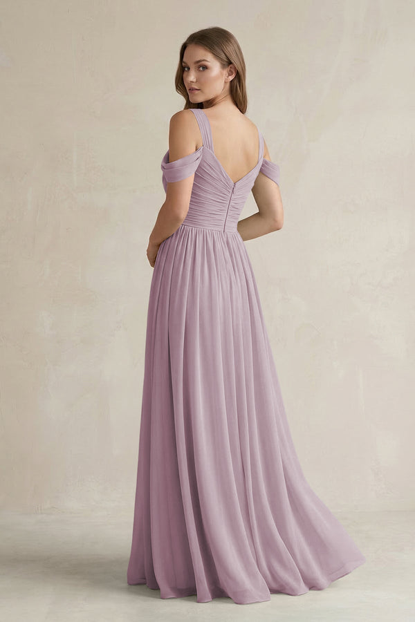 Off - the - Shoulder A - Line Chiffon Bridesmaid Dress With Slit in Dusk - KissProm Bridesmaid Dresses