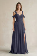 Off - the - Shoulder A - Line Chiffon Bridesmaid Dress With Slit in Dusk Blue - KissProm Bridesmaid Dresses