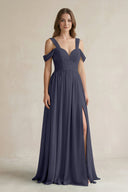 Off - the - Shoulder A - Line Chiffon Bridesmaid Dress With Slit in Dusk Blue - KissProm Bridesmaid Dresses