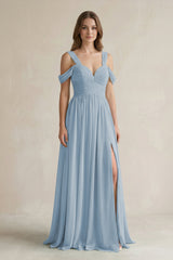 Off - the - Shoulder A - Line Chiffon Bridesmaid Dress With Slit in Dusty Blue - KissProm Bridesmaid Dresses