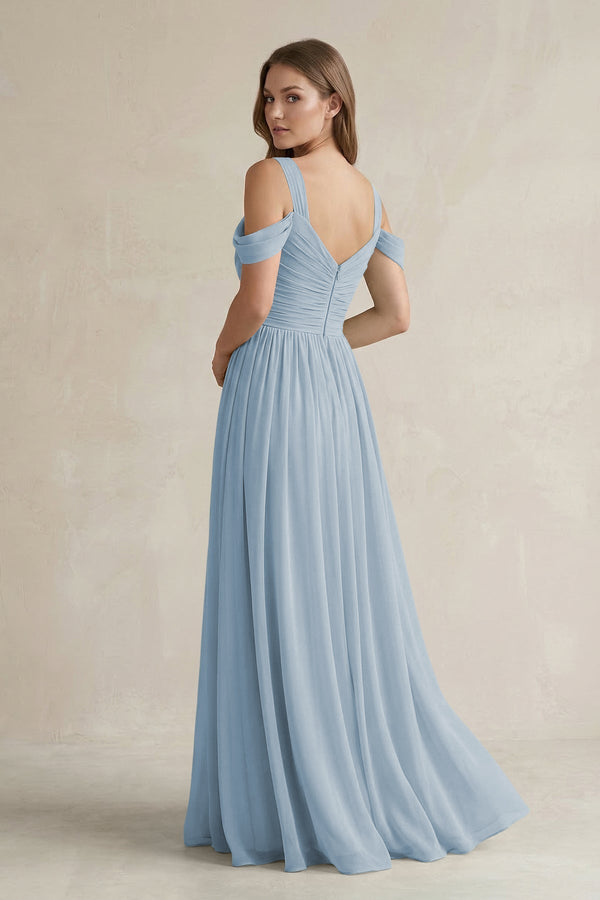 Off - the - Shoulder A - Line Chiffon Bridesmaid Dress With Slit in Dusty Blue - KissProm Bridesmaid Dresses