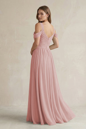 Off - the - Shoulder A - Line Chiffon Bridesmaid Dress With Slit in Dusty Rose - KissProm Bridesmaid Dresses