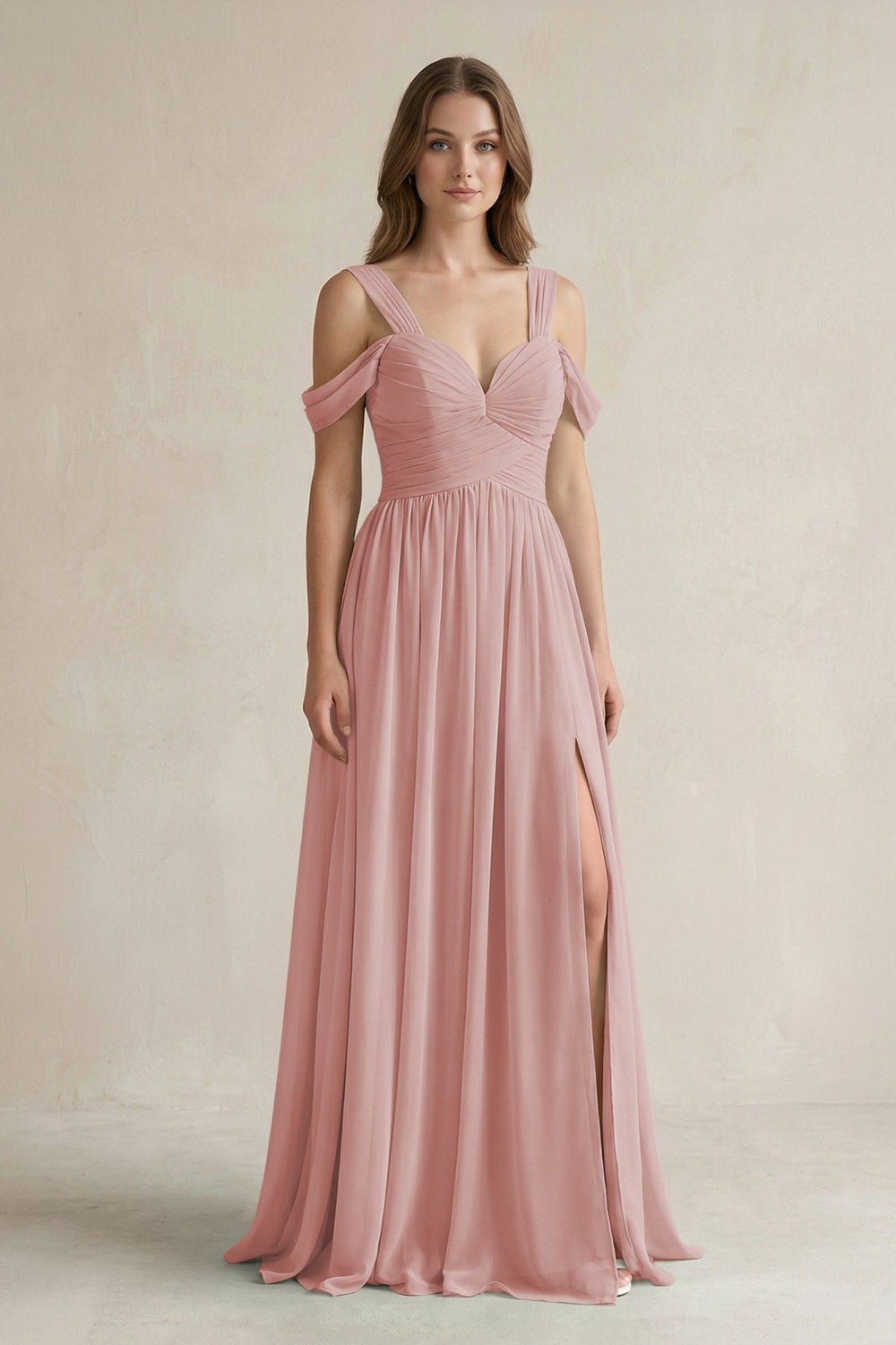 Off - the - Shoulder A - Line Chiffon Bridesmaid Dress With Slit in Dusty Rose - KissProm Bridesmaid Dresses