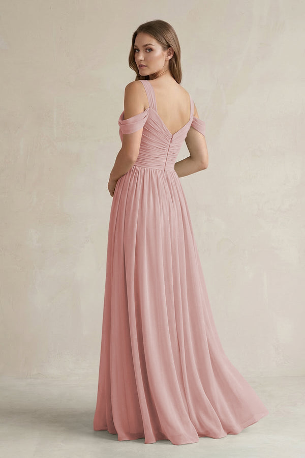 Off - the - Shoulder A - Line Chiffon Bridesmaid Dress With Slit in Dusty Rose - KissProm Bridesmaid Dresses