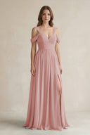 Off - the - Shoulder A - Line Chiffon Bridesmaid Dress With Slit in Dusty Rose - KissProm Bridesmaid Dresses