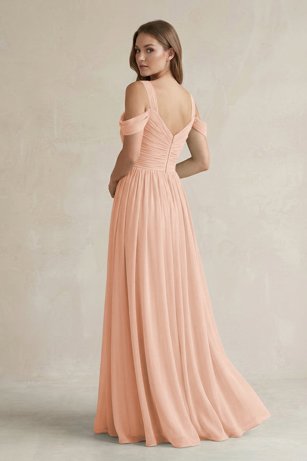 Off - the - Shoulder A - Line Chiffon Bridesmaid Dress With Slit in English Rose - KissProm Bridesmaid Dresses