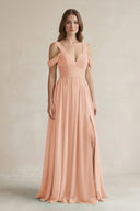 Off - the - Shoulder A - Line Chiffon Bridesmaid Dress With Slit in English Rose - KissProm Bridesmaid Dresses
