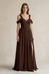 Off - the - Shoulder A - Line Chiffon Bridesmaid Dress With Slit in Espresso - KissProm Bridesmaid Dresses