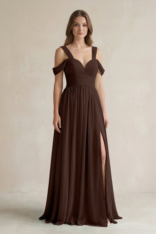 Off - the - Shoulder A - Line Chiffon Bridesmaid Dress With Slit in Espresso - KissProm Bridesmaid Dresses